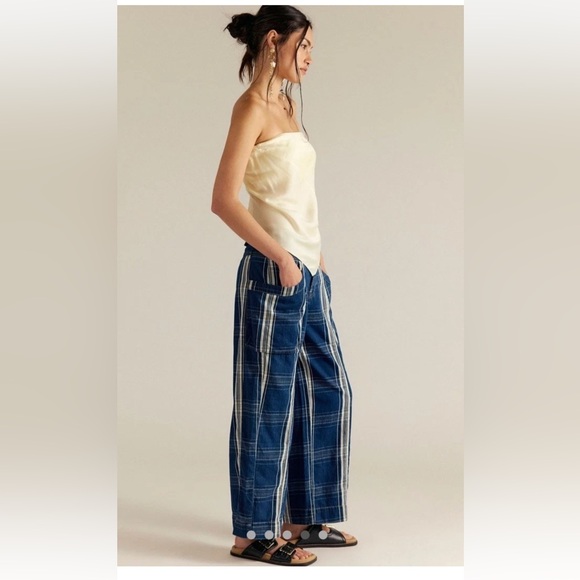 Free People Rose Hall Low Slung Trousers We The Free Side Pockets Blue Motif - Picture 4 of 7